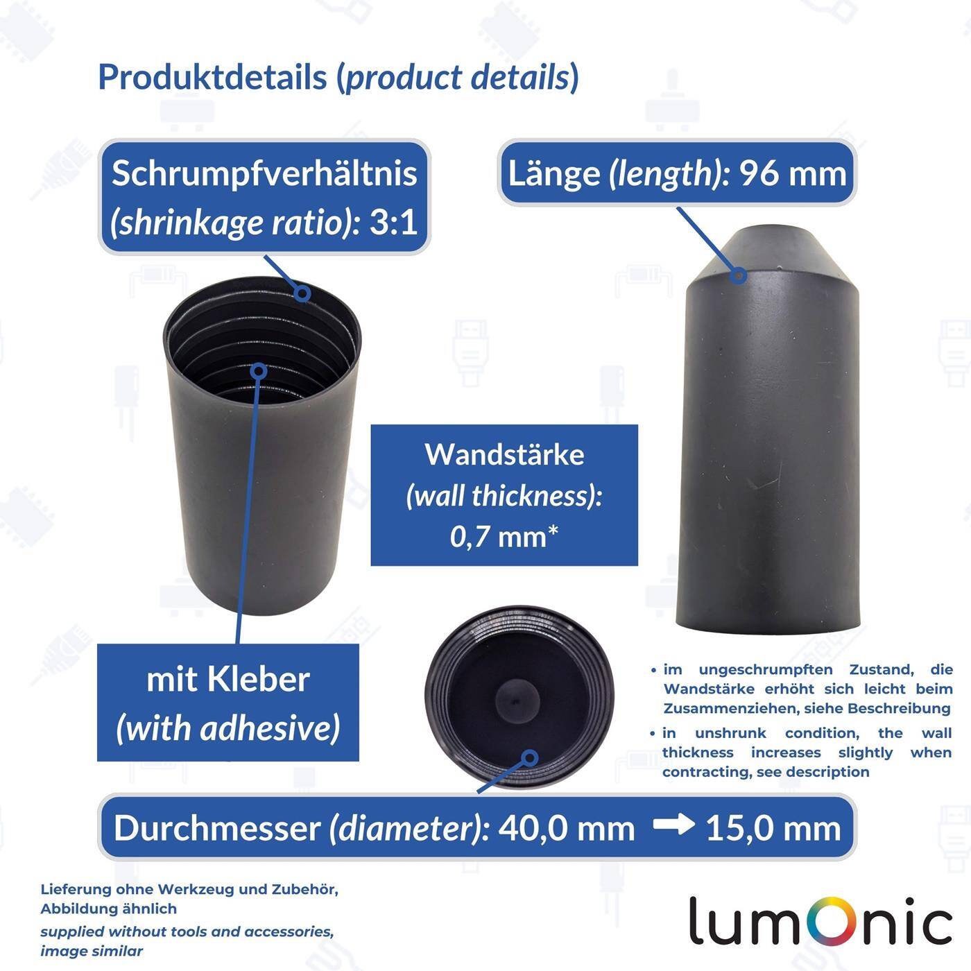 Warmschrumpf Endkappe mit Kleber 40 -> 15mm schwarz Verhältnis 3:1 vernetztes Polyolefin Schrumpfkappe für Kabel, Rohre und Seile