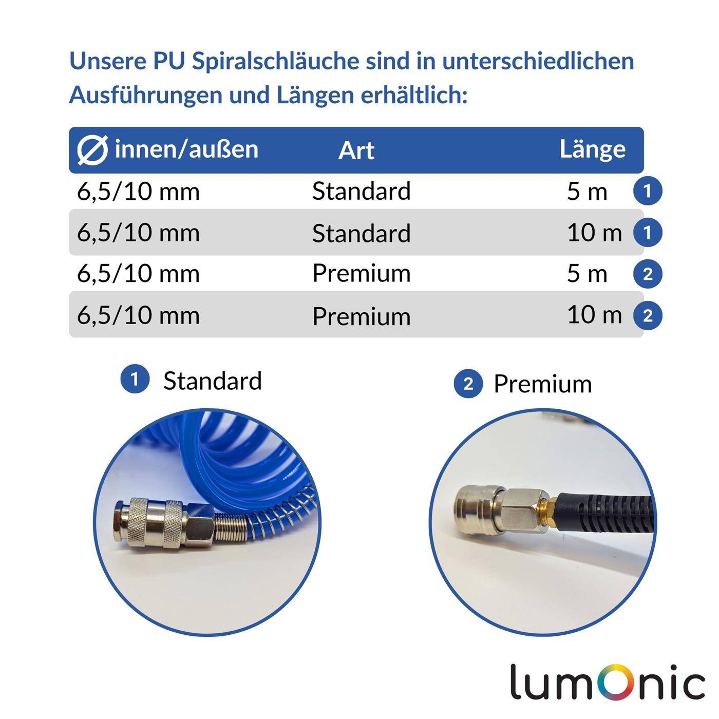Lumonic I PU Spiralschlauch mit Schnellkupplung I 6,5mm/10mm I 5m I für Kompressoren und Druckluftwerkzeuge I flexibel, abriebfest I Druckluftverlängerung I Dose & Stecker