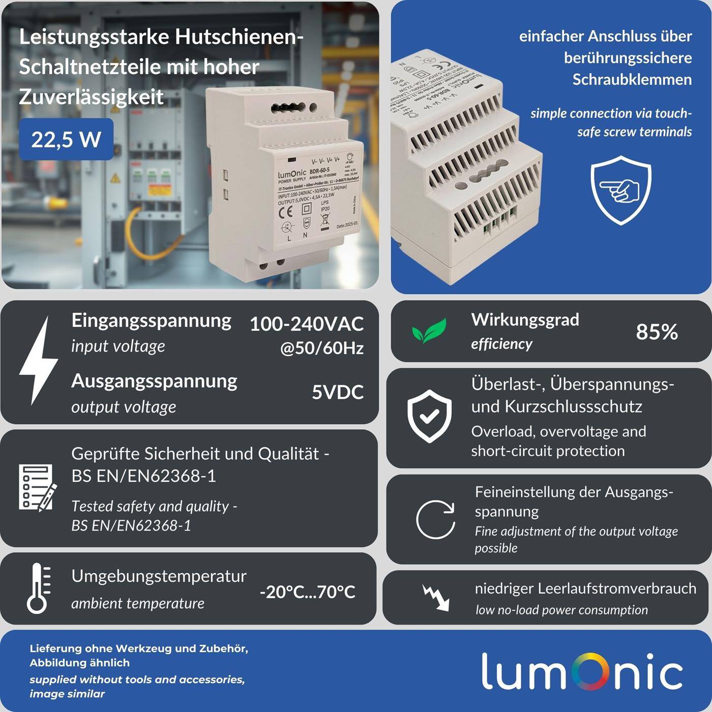 Lumonic I Netzteil Hutschiene BDR-60-5 I 5V / 22,5W I Input 100-240VAC I Überlastschutz & kurzschlussfest I DIN-Rail Schaltnetzteil I Schaltschrank & Verteilerkasten