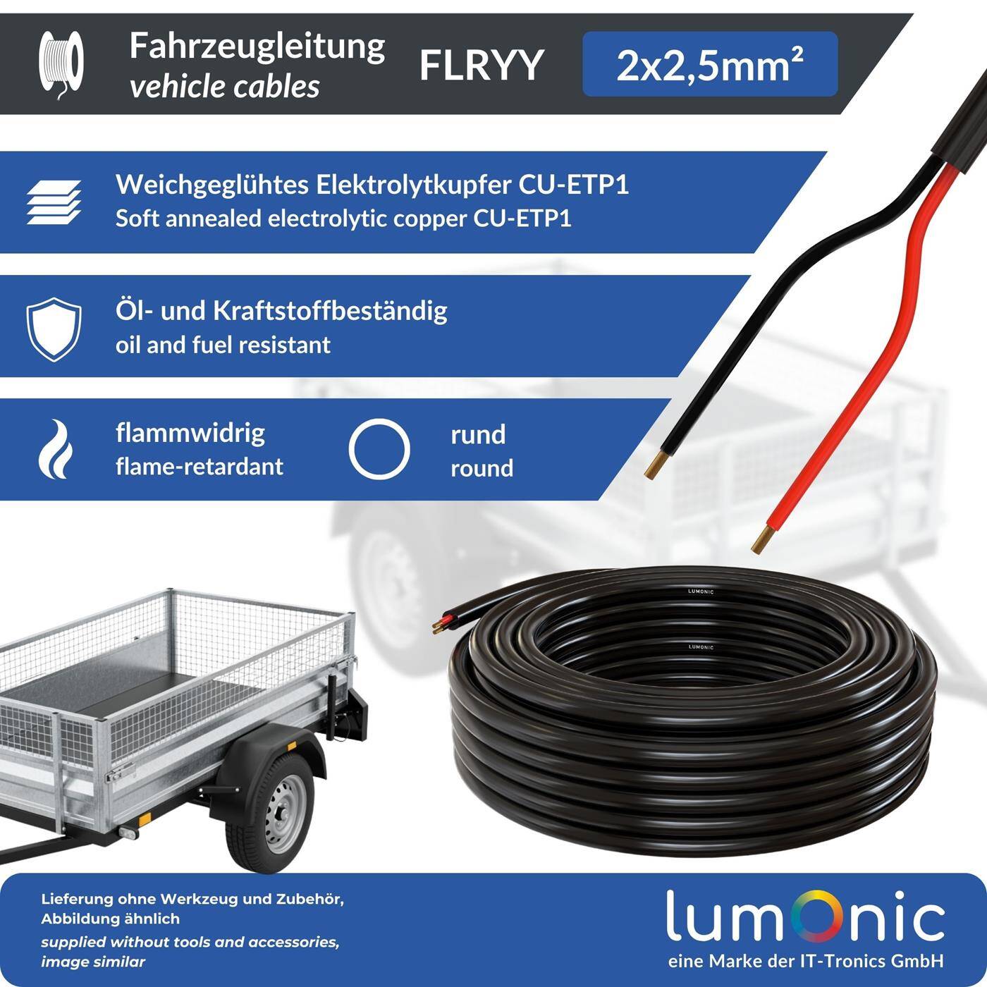 Lumonic 1m FLRYY Vehicle cable 2x2,5mm² black | 2-wire | Trailer cable | Multi-core automotive cable | Oil and fuel-resistant, flame-retardant | Low voltage