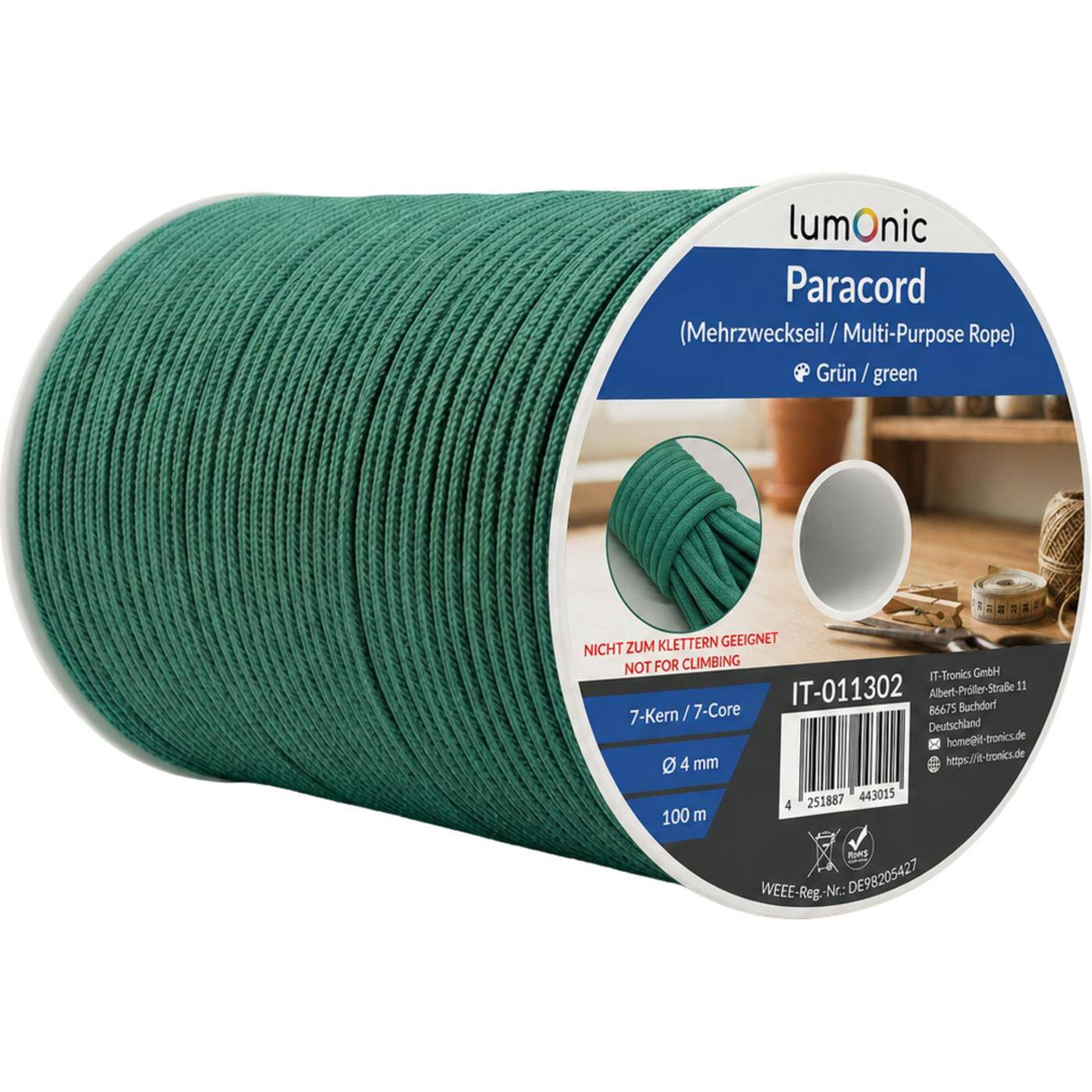 Lumonic 100m Paracord 4mm Green | 100% nylon | 7 cores, 32 strand sheath | Max. 125 kg load capacity | dog leash, bracelet, outdoor, bushcraft, tent cord