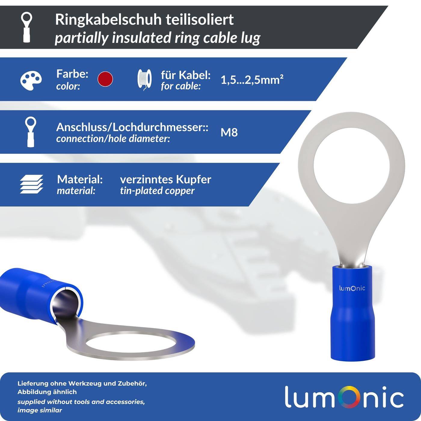 25x Ringkabelschuh teilisoliert 1,5-2,5mm² Lochdurchmesser M8 Blau Ringzunge Kupfer verzinnt