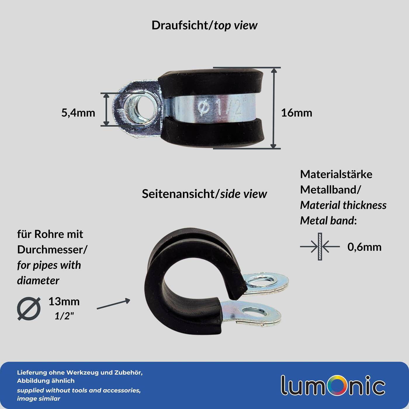 Lumonic 10x 13mm Rohrschellen mit Gummieinlage I Kabelschellen zum Schrauben I Schlauchschelle 13mm, Rohrschellen, Befestigungsschelle 13mm, Rohrhalterung