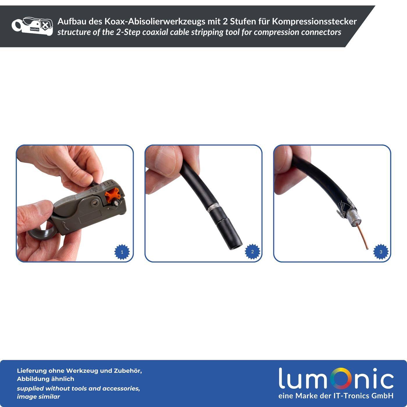 Lumonic Koax-Abisolierwerkzeug mit 2 Stufen für Kompressionsstecker - Für RG58, RG59, RG6, F-Stecker, BNC und Kompressionsstecker, zwei Klingen in einem Arbeitsgang, Metallklingen, Serienmontage