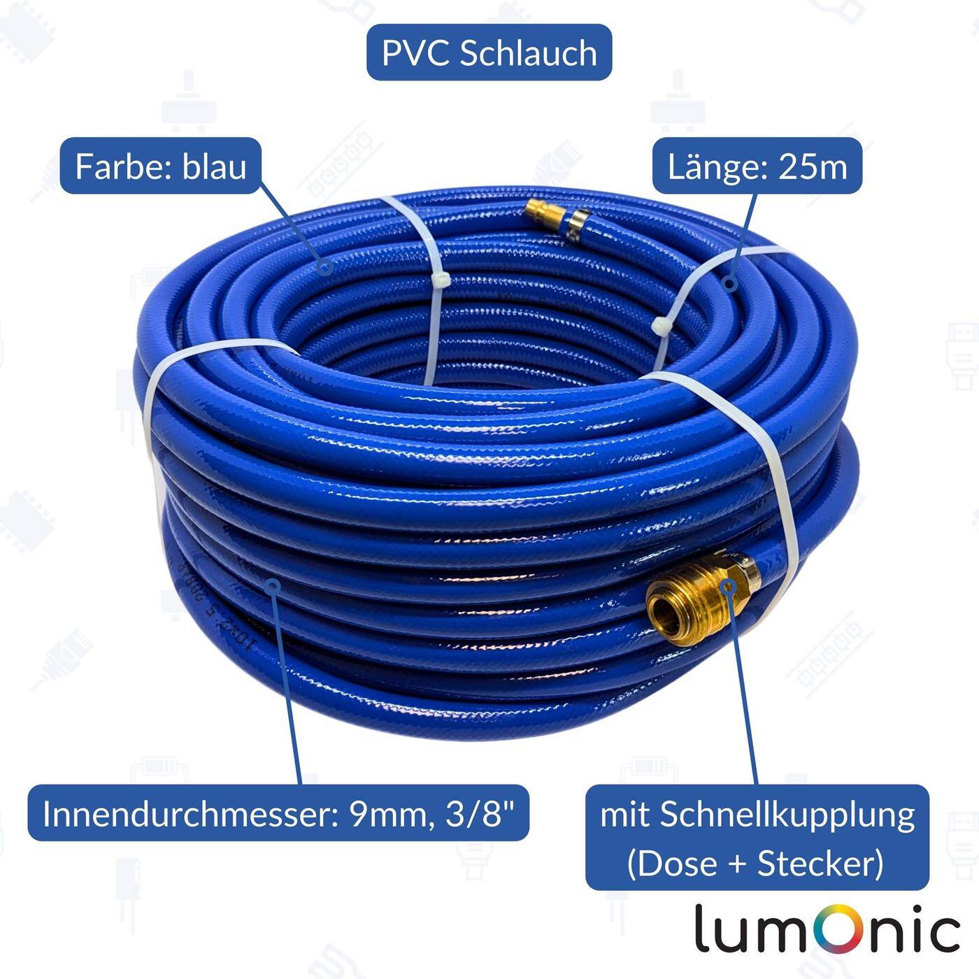25m Druckluftschlauch mit Schnellkupplung 9mm PVC Druckluftverlängerung Dose & Stecker fertig konfektioniert flexibel, abriebfest und gewebeverstärkt 25m Druckluftschlauch mit Schnellkupplung 9mm PVC Druckluftverlängerung Dose & Stecker fertig konfektioniert flexibel, abriebfest und gewebeverstärkt