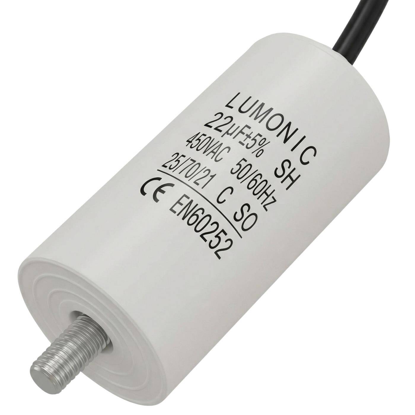 Lumonic Anlaufkondensator 22µF 450V | mit Kabel I 38x75mm I 22uF I Motorkondensator mit Kunststoffgehäuse I Betriebskondensator I für Pumpen, Rasenmäher, Werkzeuge