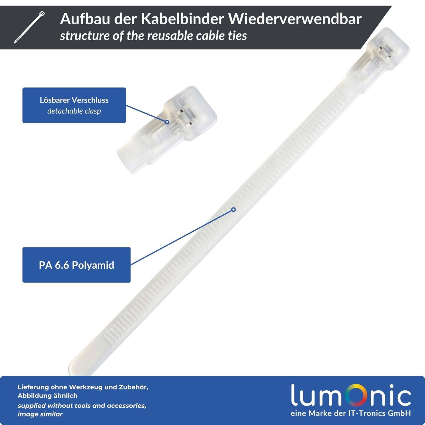 Lumonic 100 Stück Kabelbinder wiederverwendbar | Blau | 250x7,6mm | bis 22kg Zugfestigkeit | Nylon PA6.6 | ohne Werkzeug wieder lösbar | Kabelmanagement, Industrie, Werkstatt, Haushalt