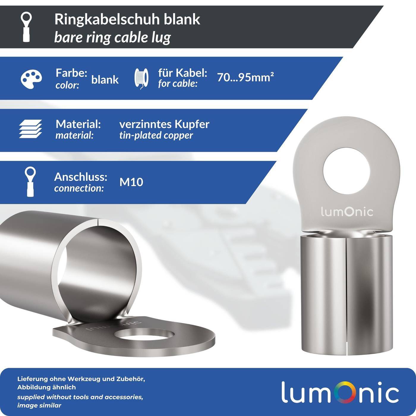 Lumonic 10x Ringkabelschuh 70-95mm² blank | M10 | Kupfer verzinnt | sichere Kabelverbindung ohne Löten | Crimp-Kabelschuh unisoliert | KFZ, Maschinenbau, Wohnmobil, Batterie