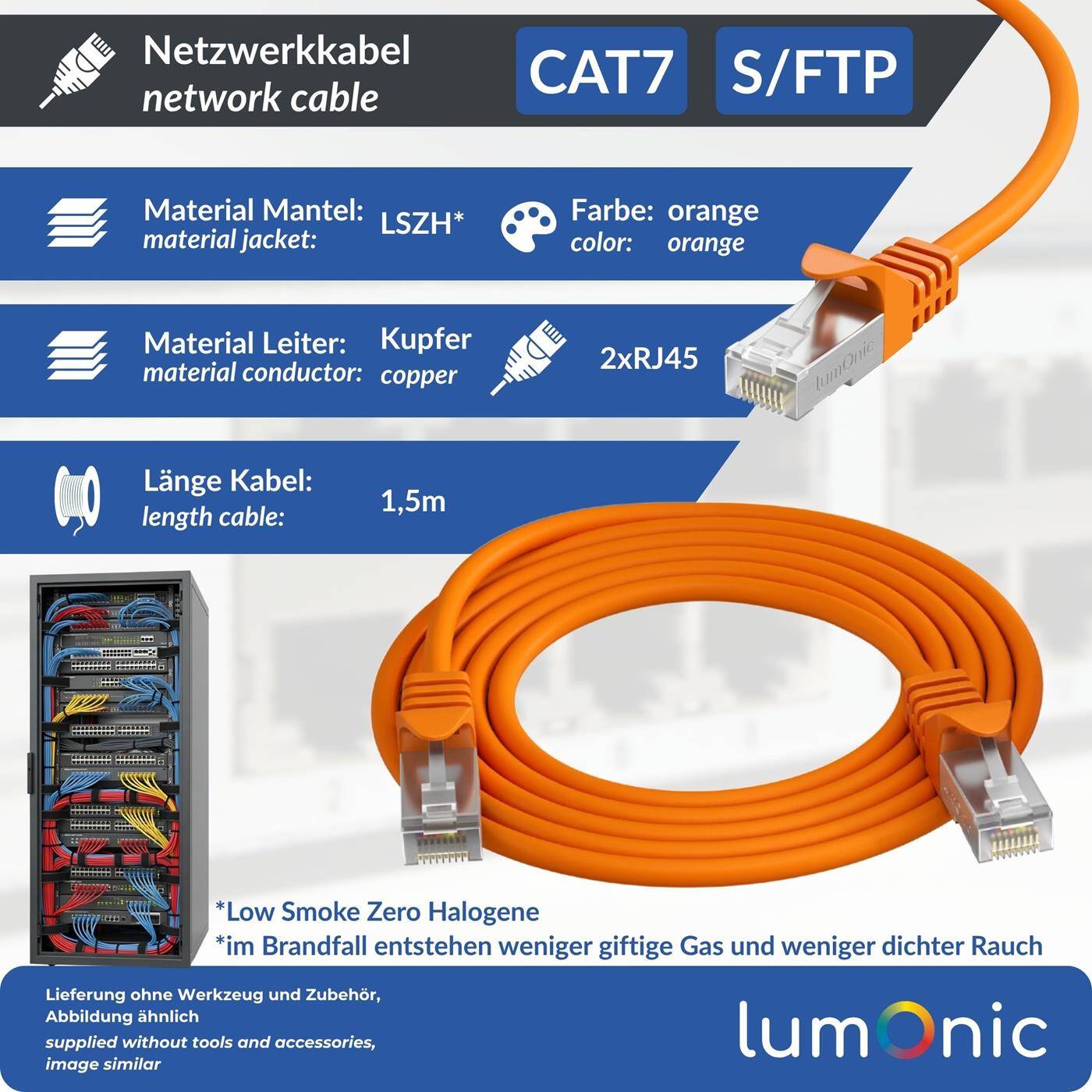 Lumonic CAT7 Patchkabel S/FTP 1,5m | RJ45 | Orange | Ethernet LAN | Netzwerkkabel