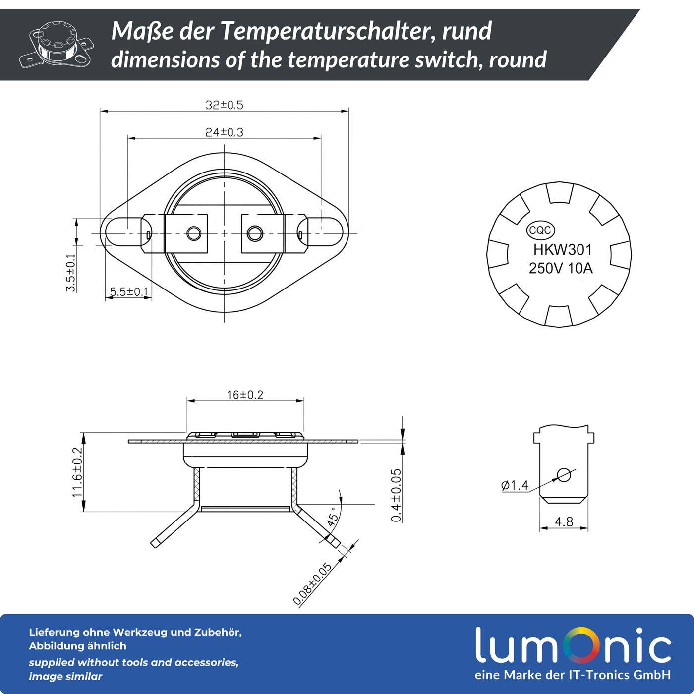 Lumonic KSD301 Temperaturschalter rund | 55°C ± 5°C | Öffner NC | max. 250V AC/10A | Flachstecker | Ø15×12mm | Thermoschalter, Bimetall | Kaffeemaschinen, Bügeleisen, Backöfen, Heizungen