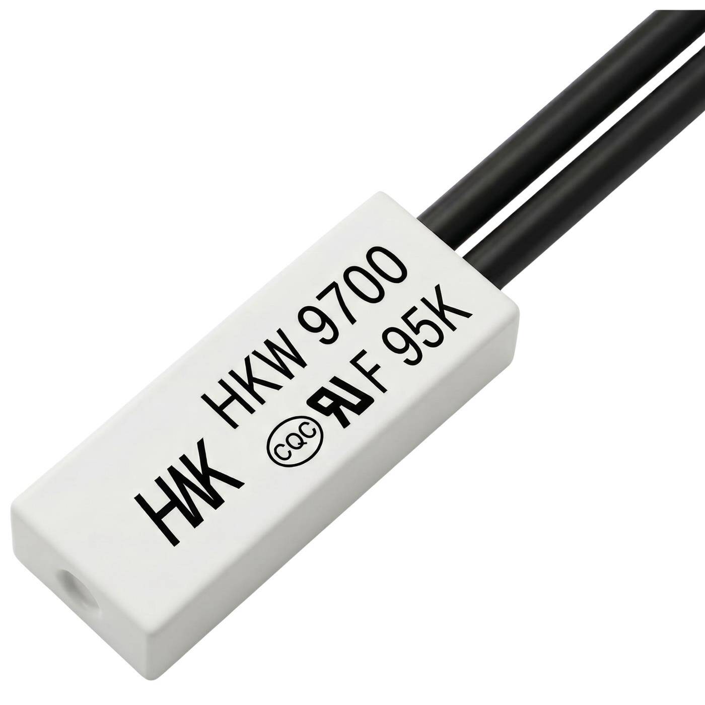 Lumonic HKW9700 Temperaturschalter flach | 95°C ± 5°C | Schließer NO | max. AC 250V/5A | max. DC 24V/8A | Kabel 70mm | 21x8x4mm | Thermoschalter, Bimetall, KSD9700 | Motoren, Setzteile, Heizlüfter