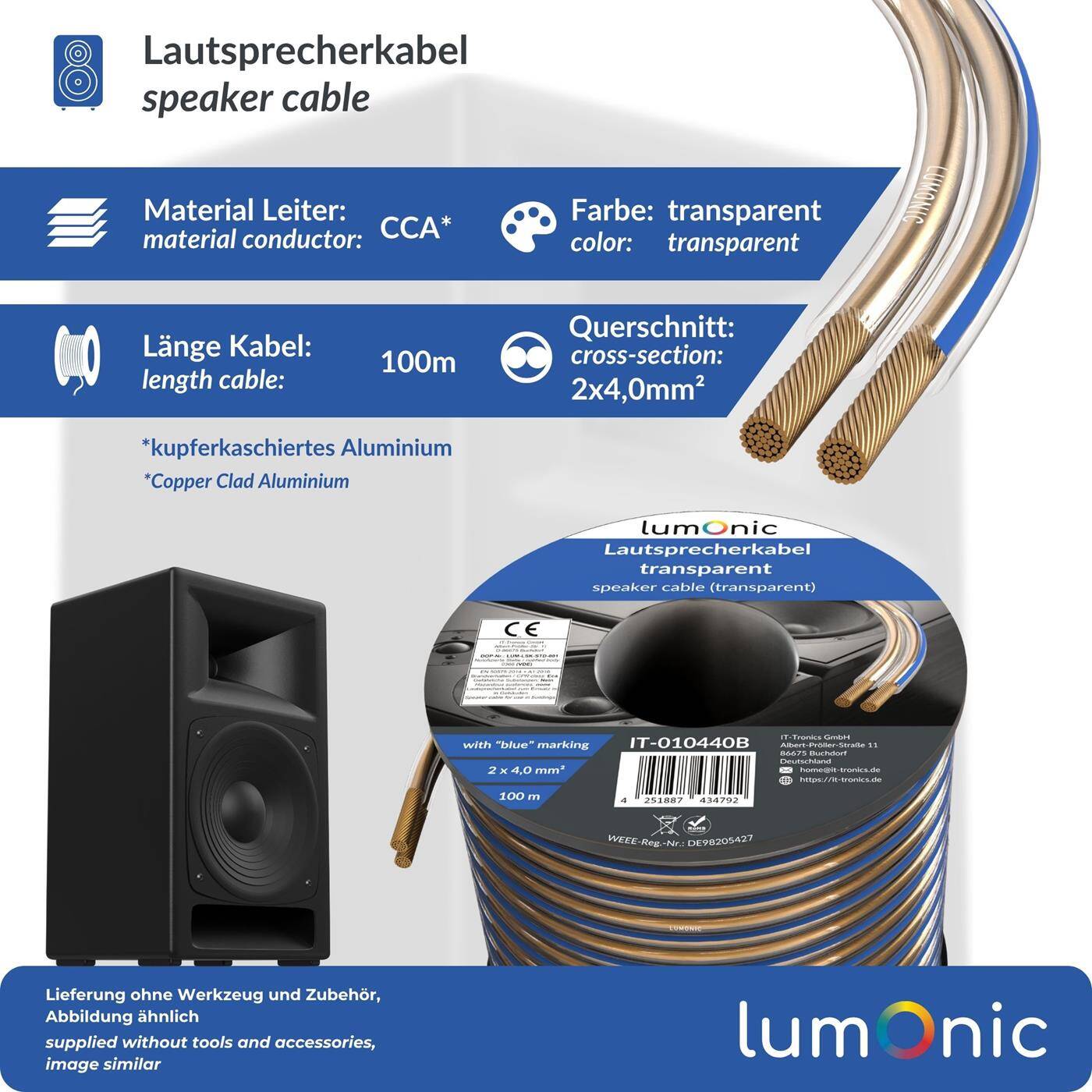 Lumonic Lautsprecherkabel | 100m Transparent | 2x 4mm² CCA | blaue Markierung HiFi Boxenkabel | Audio Zwillingsleitung