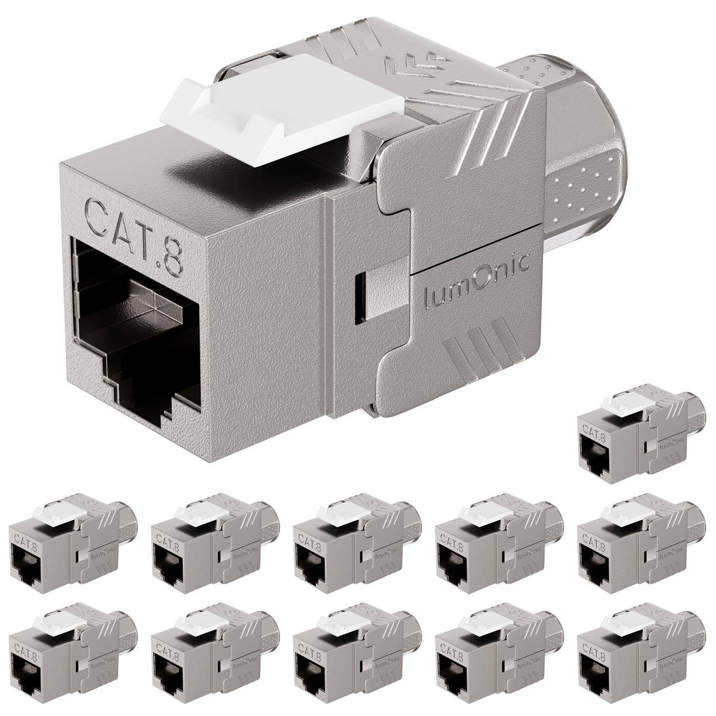 Set of 12 Premium Keystone RJ45 CAT8.1, Simple, tool-free installation, T568A/B color-coded, for wall box &amp; patch panel, PoE, up to 40Gbit/s, 360° shielding, Strain relief through union nut, Metal housing, Jack module