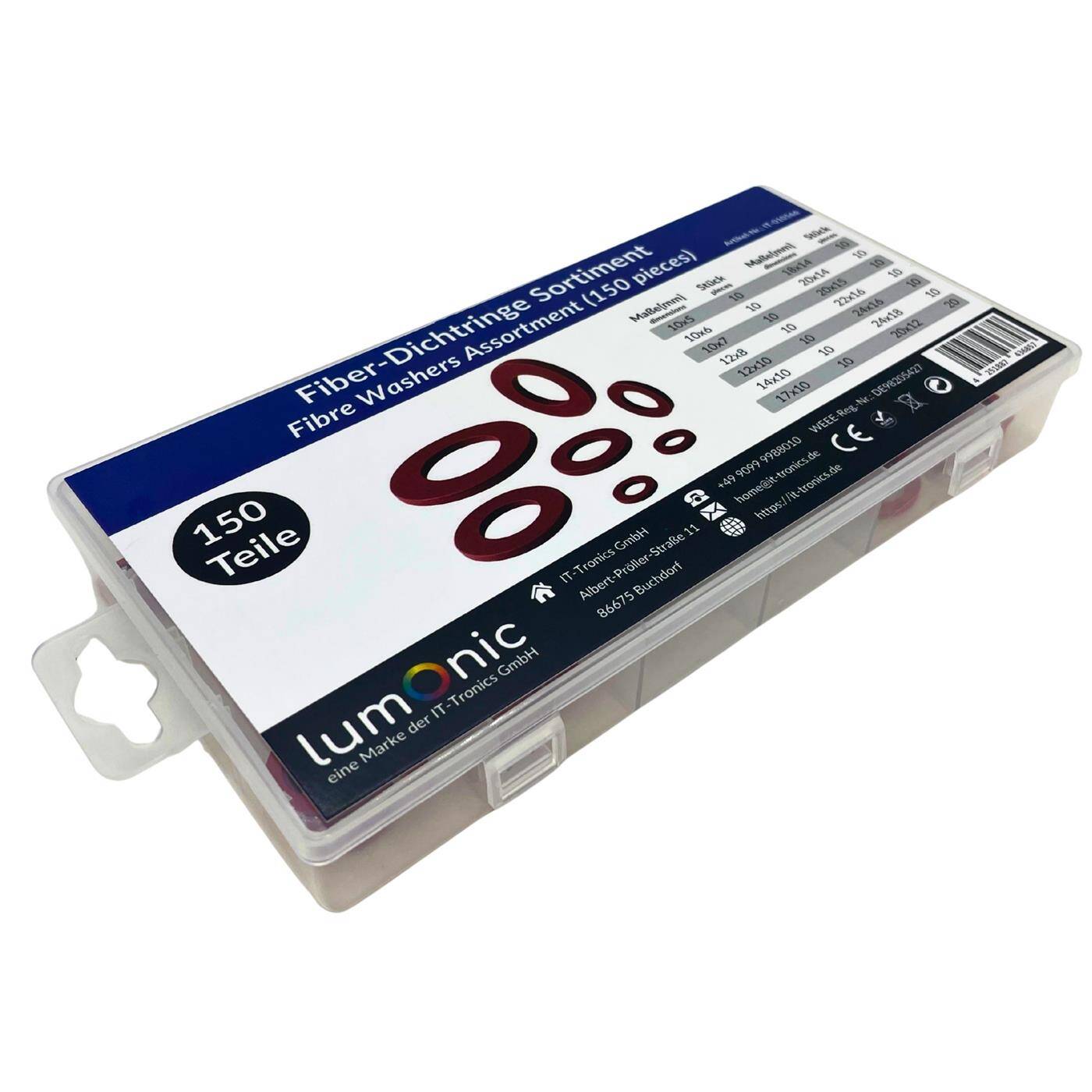 Fiber Dichtring Sortiment, 150 Teile, 14 gängige Größen (10-24mm), Sanitär Flachdichtungen Set, in praktischer Sortimentsbox