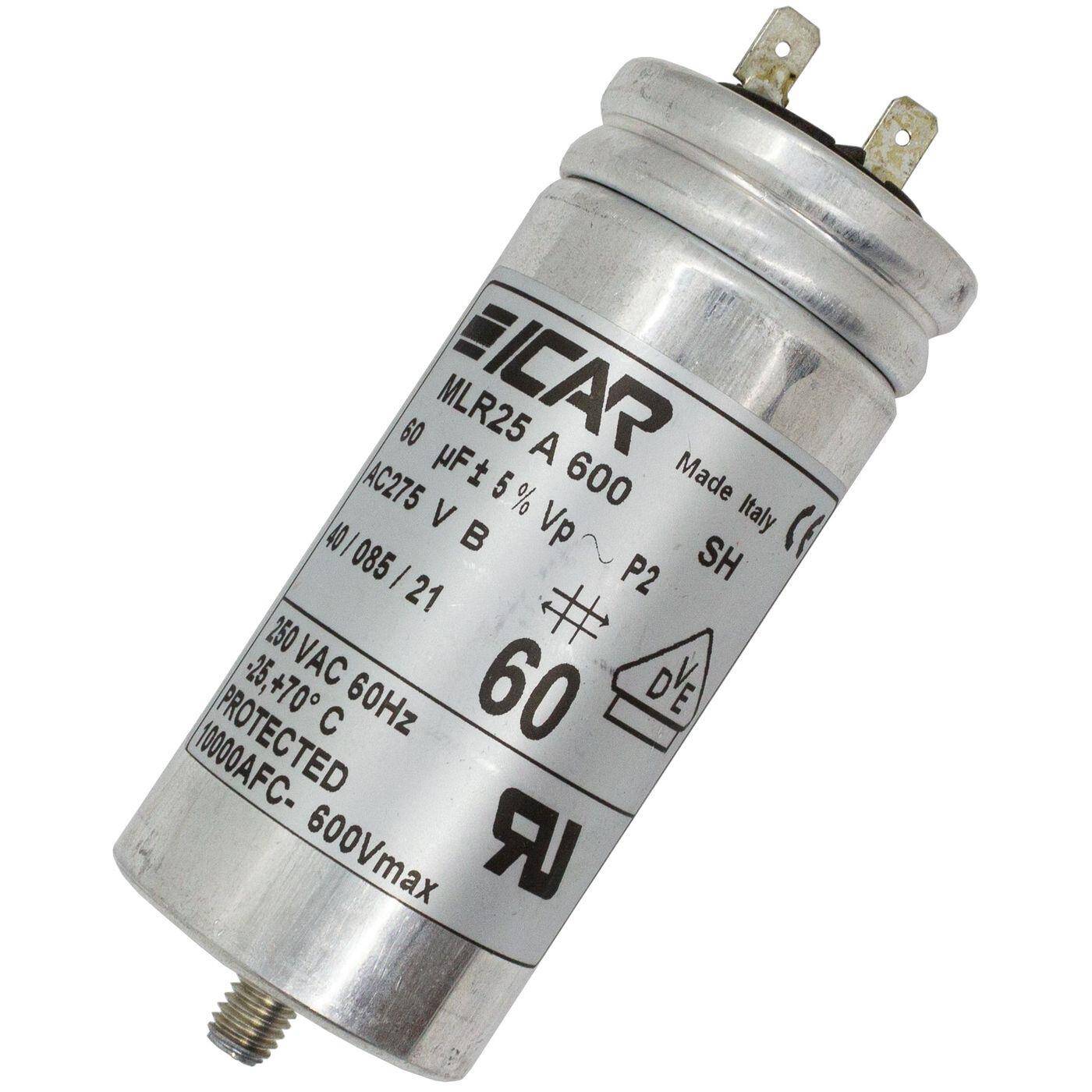 Anlaufkondensator Motorkondensator 60µF 250V 45x102mm Stecker 6,3x0,8mm ICAR 60uF