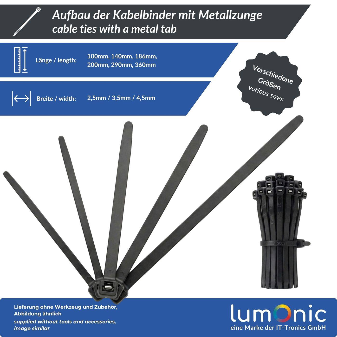 Lumonic 100 Stück Kabelbinder mit Metallzunge  | 290 × 4,5mm | bis 40kg Zugfestigkeit | Nylon PA6.6, UV-Beständig & Wetterfest | Industriequalität | Kabelmanagement, Werkstatt, Haushalt