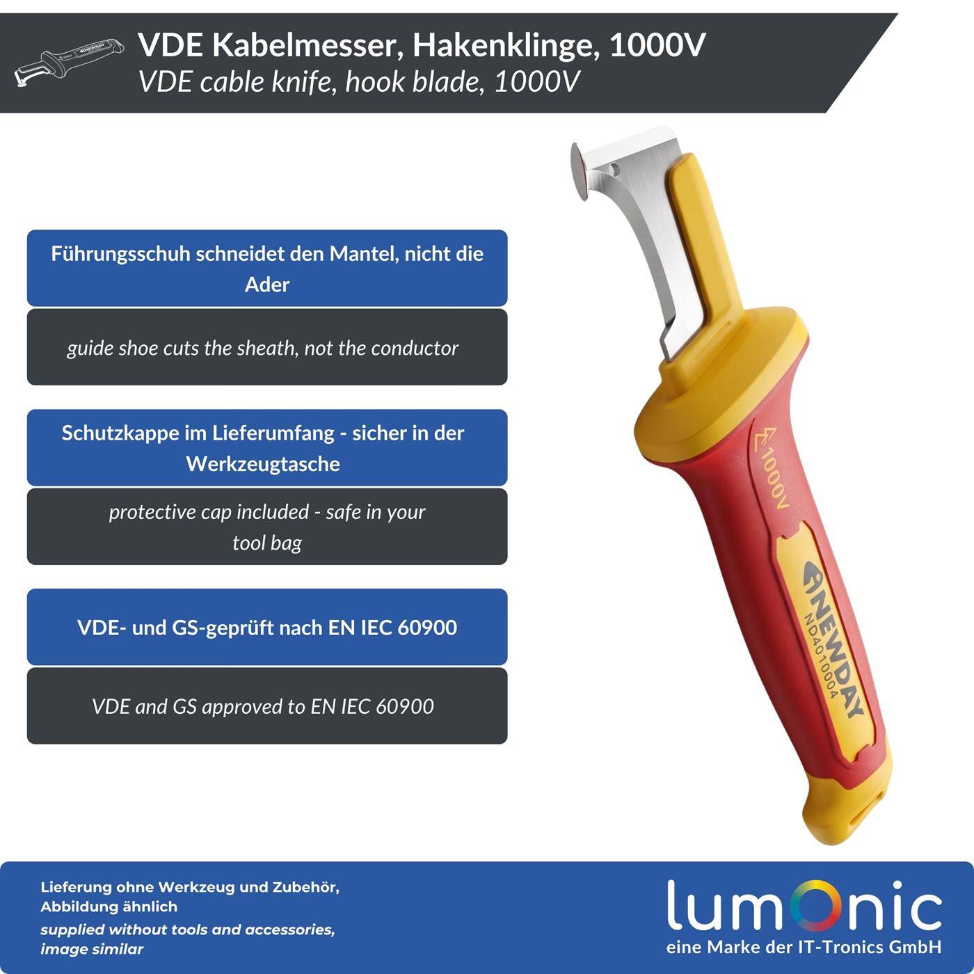 Lumonic VDE Cable Cutter 1000V, hook-shaped blade with guide shoe—guide shoe protects the wire insulation, 5Cr13 blade steel, protective cap included