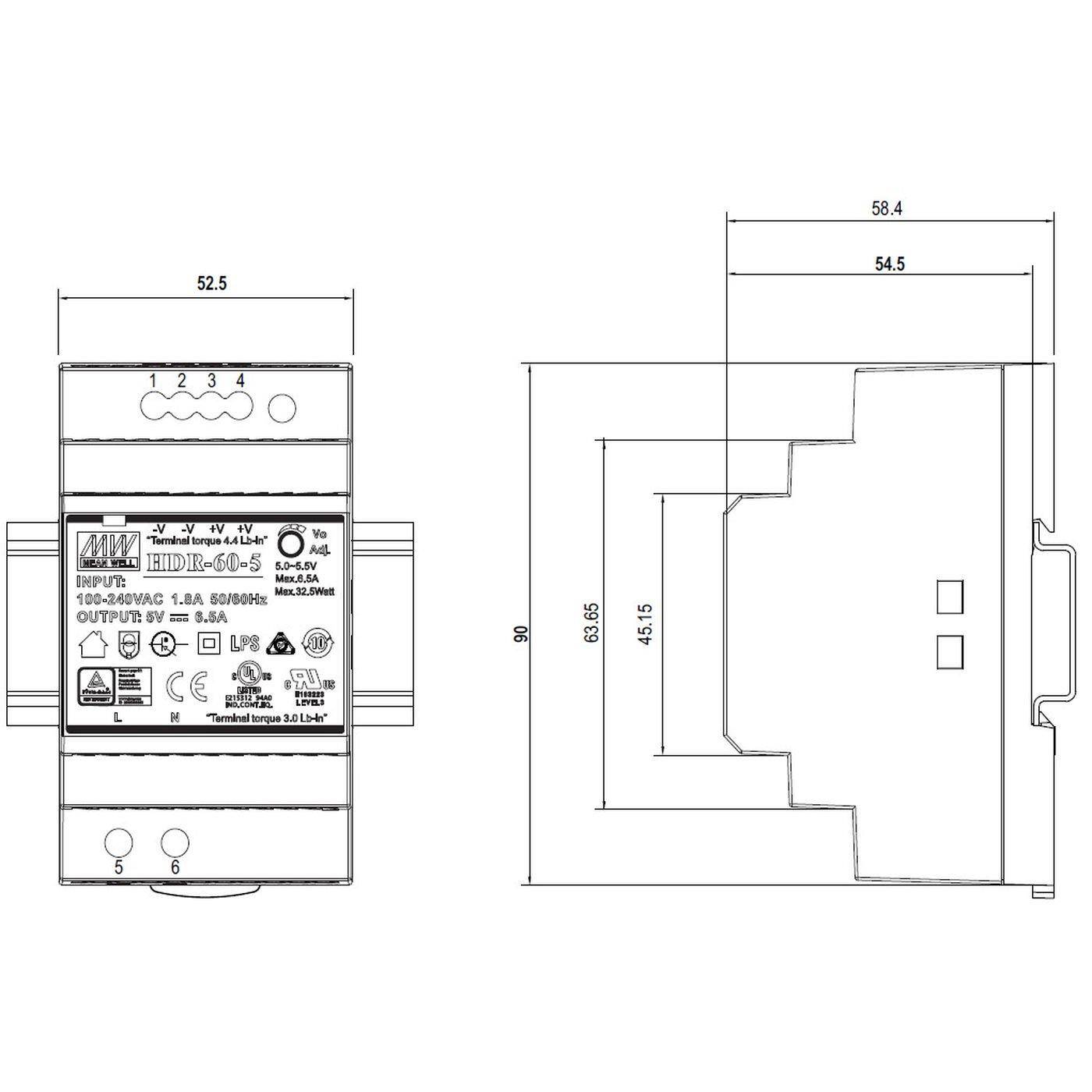 HDR-60-5 32W 5V 6,5A Din Rail power supply