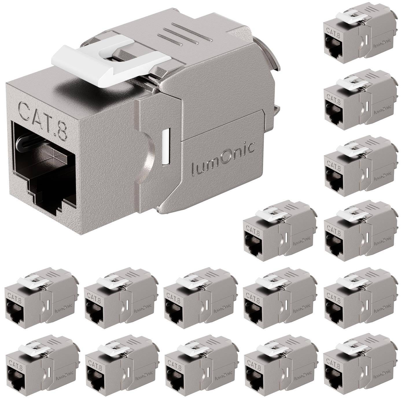 Lumonic 16er Set Keystone RJ45 CAT8.1 | werkzeuglose Montage | T568A/B farbcodiert | für Wanddose + Patchpanel | PoE, bis 40Gbit/s | 360° Schirmung | Zugentlastung mit Kabelbinder | Metallgehäuse