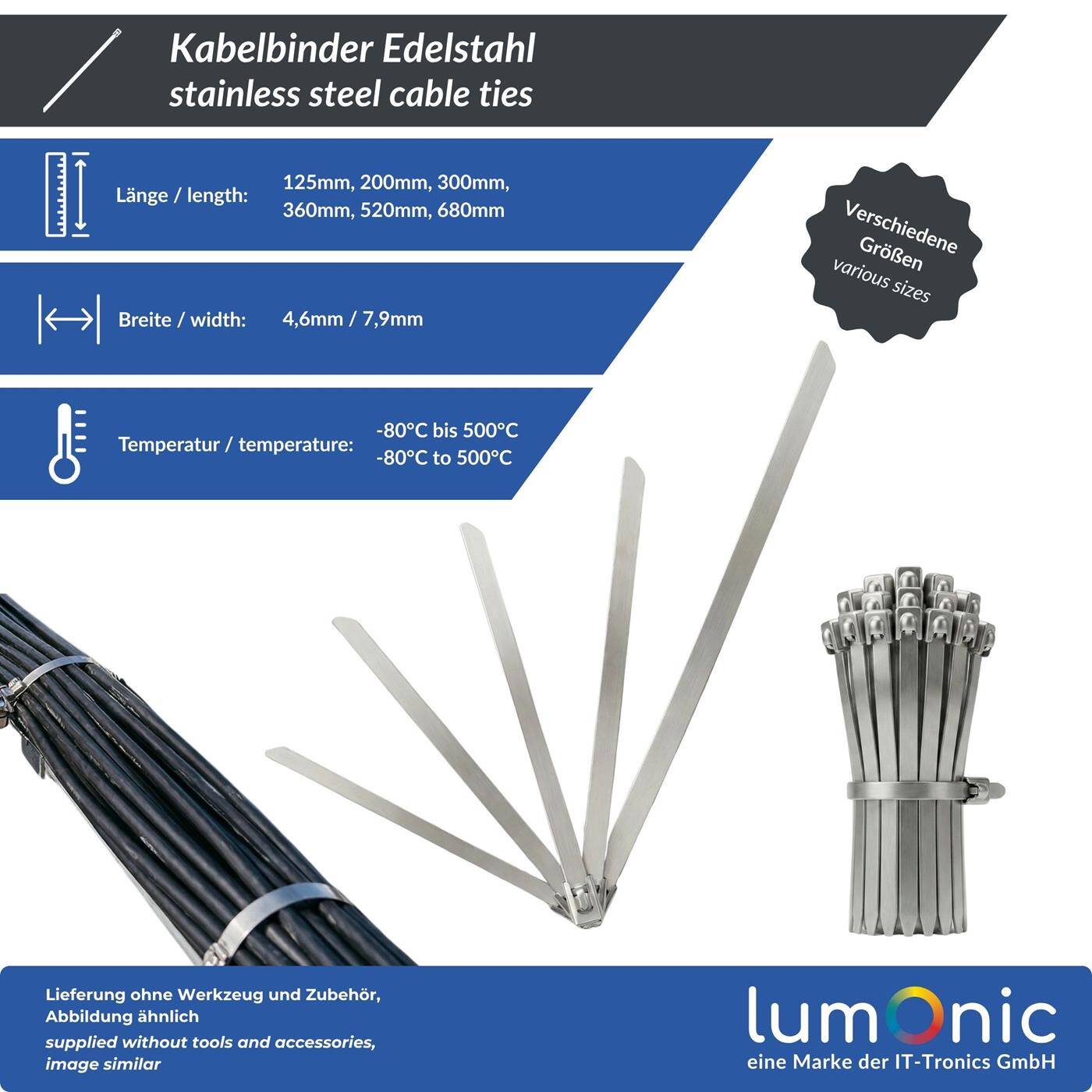 Lumonic Kabelbinder Edelstahl | 680 × 4,6mm | extra stark, bis 46kg Zugfestigkeit | bis 500°C, UV-Beständig & Wetterfest | Kabelbinder Metall für Outdoor, Solar, Auspuff & Zaun