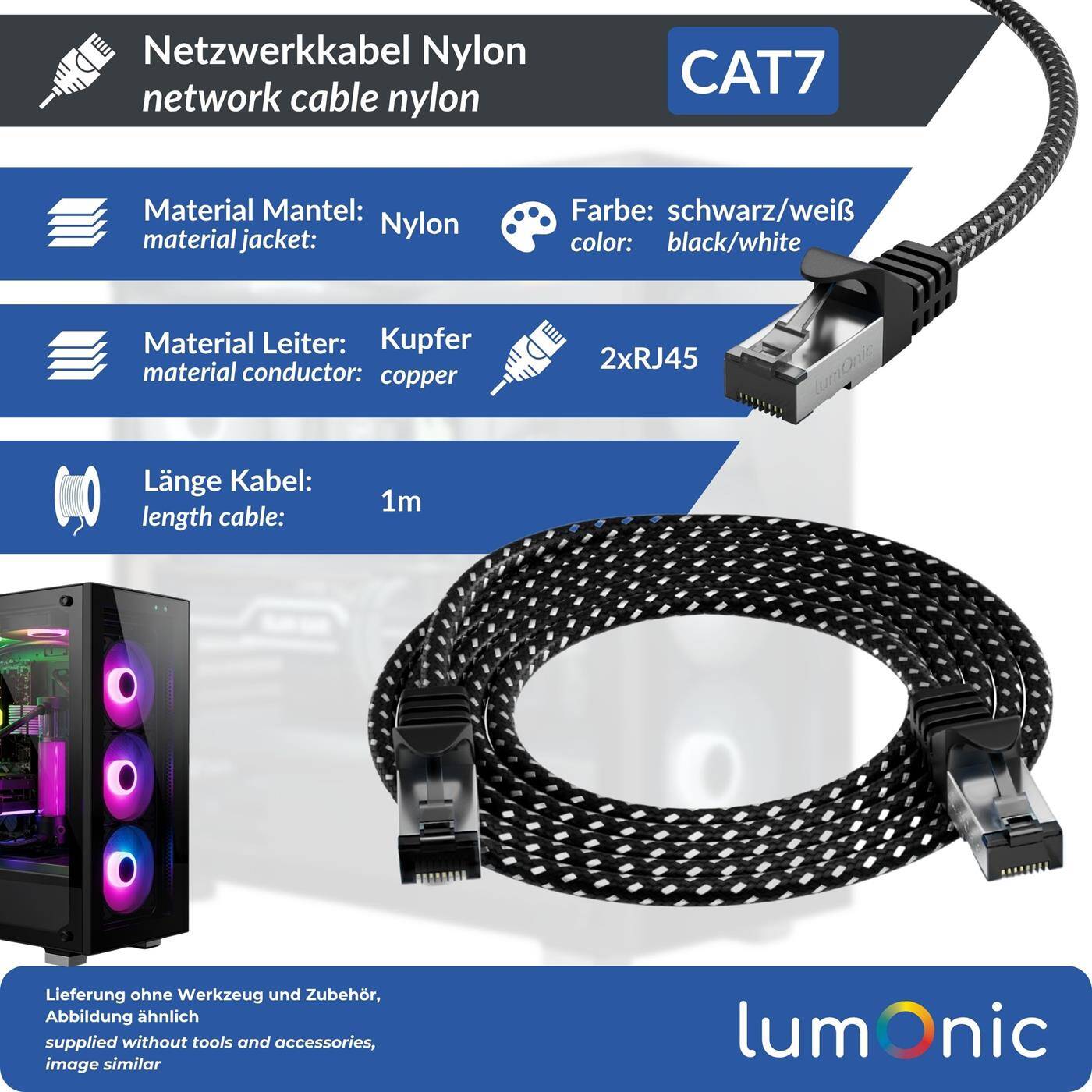 1m CAT7 Patchkabel S/FTP RJ45 Schwarz Weiß Premium Nylon Optik Ethernet LAN Netzwerkkabel