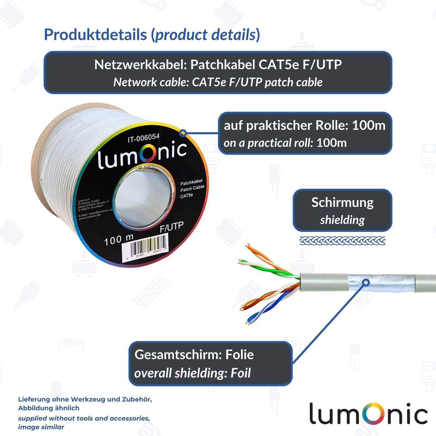 Lumonic 100m Netzwerkkabel CAT 5e F/UTP I CAT5e-kabel, Gigabit Lan Kabel, Ethernet Kabel I Flexibles Patchkabel geschirmt, für den Innenbereich bis 100 MHz