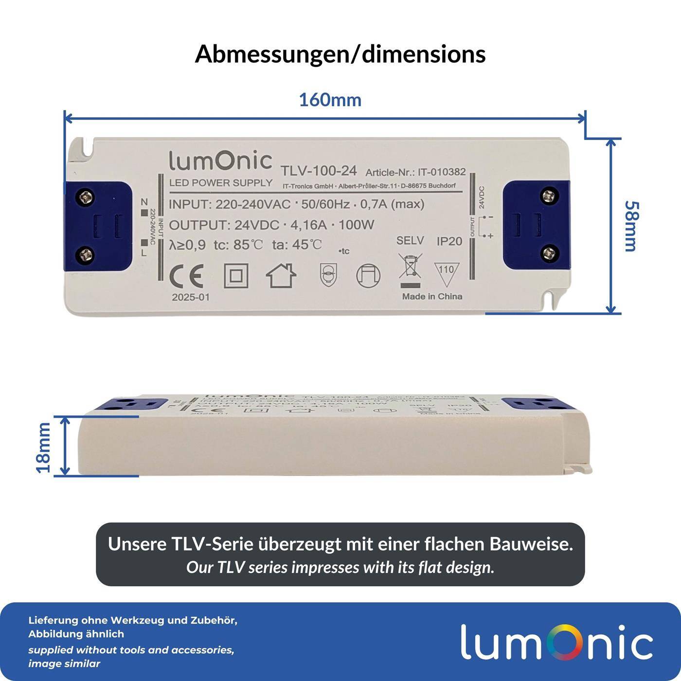 LED Trafo TLV-100-24 24V 100W Input 220-240VAC flimmerfrei & ultradünn Überlastschutz LED-Netzteil für LED-Beleuchtung & LED-Streifen
