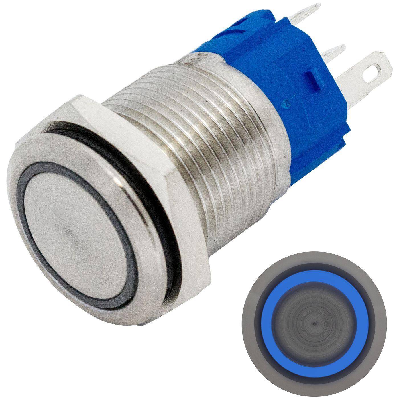 Lumonic Edelstahl Drucktaster flach 16mm Durchmesser I Mit einer Ring LED in Blau Maße: 2,8x0,5mm Pin s 250V 3A I Vandalismussicher nach dem IP65 Standard