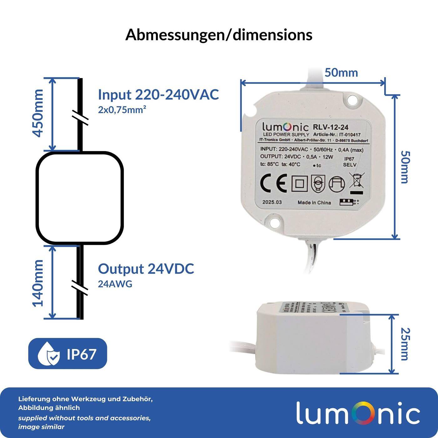 LED Unterputz Netzteil RLV-12-24 24V 12W Input 220-230VAC flimmerfrei & wasserdicht Überlastschutz kompaktes LED-Netzteil für LED-Beleuchtung & Smart-Home