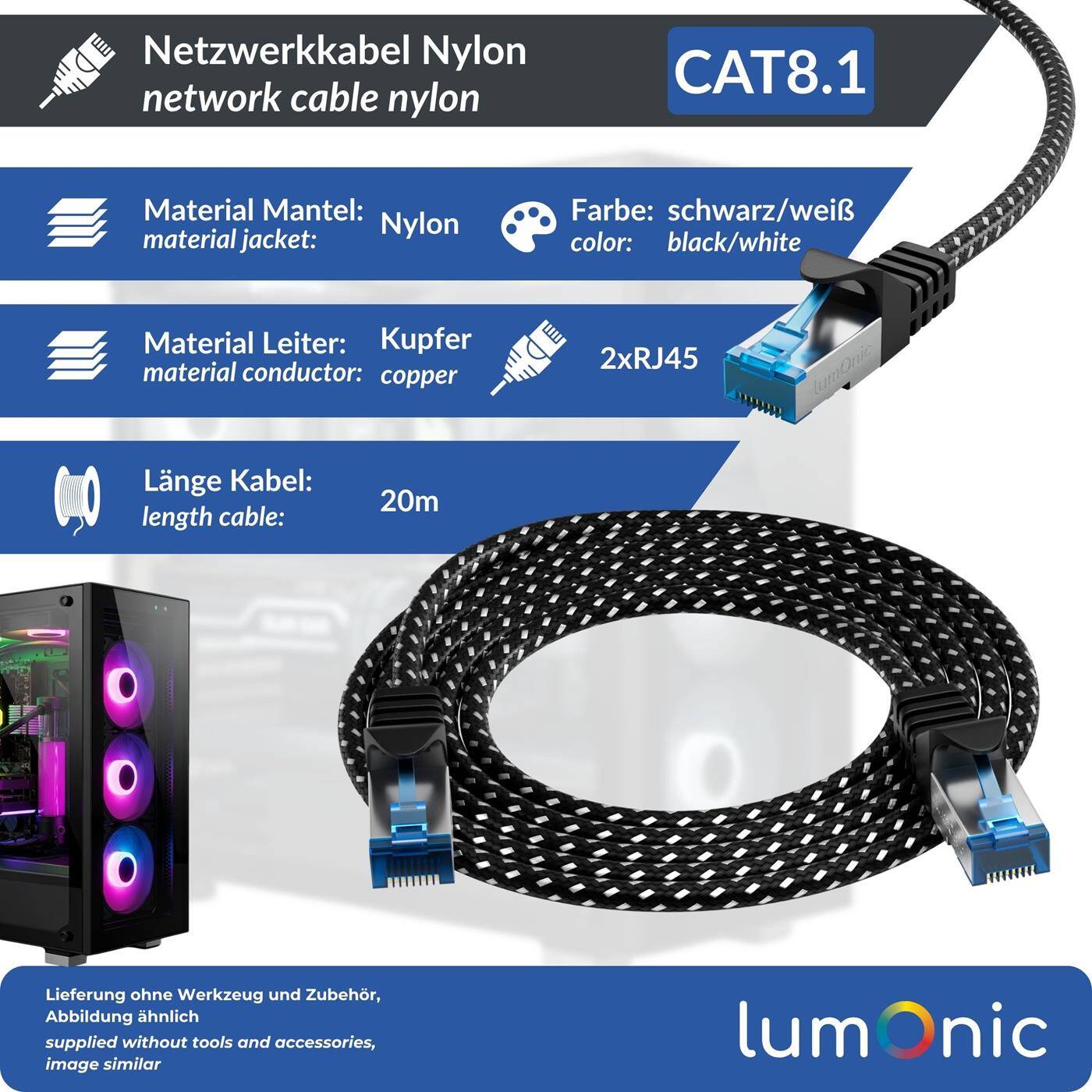 20m CAT8.1 Patchkabel S/FTP RJ45 Schwarz Weiß Premium Nylon Optik Ethernet LAN Netzwerkkabel