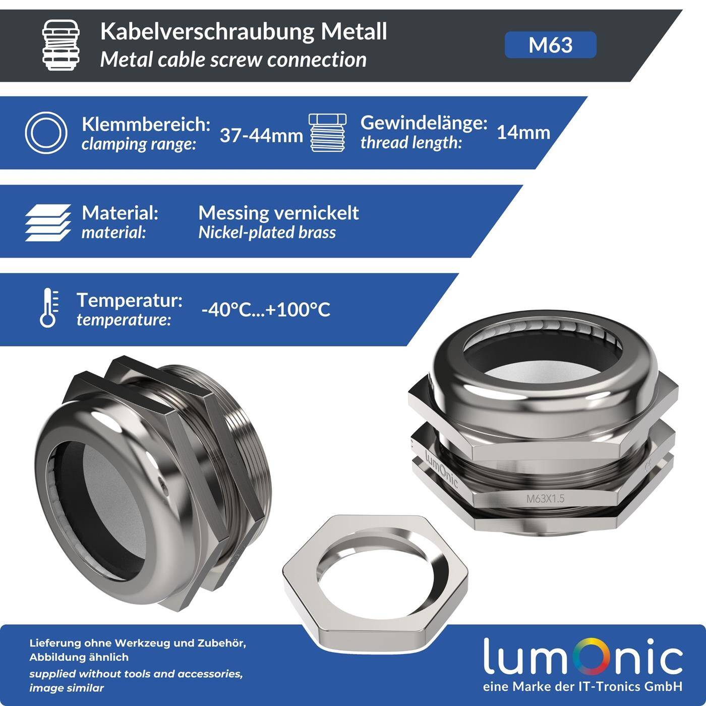 Kabelverschraubung Metall M63, Klemmbereich 37-44mm, IP68, mit Gegenmutter, Messing vernickelt, EMV, -40…+100°C, entspricht PG48