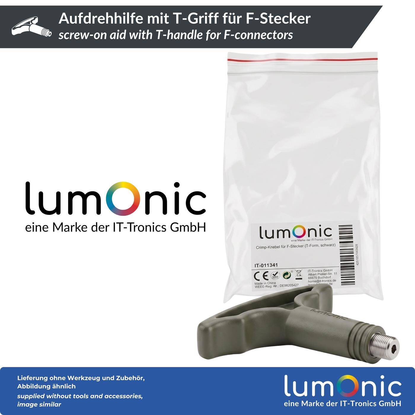 Lumonic Aufdrehhilfe mit T-Griff für F-Stecker - F-Knebel, F-Montageschlüssel, Aufnahme mit Metallgewinde, kraftschonendes Aufdrehen, für Verteilerschrank und SAT