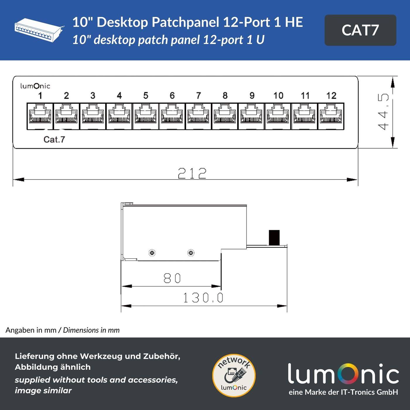 10" Patchpanel Desktop CAT7, 12 Port, 1HE mit Beschriftungsfeld, LSA-Montage, T568A/B farbcodiert, freistehend, Wandmontage, geschirmtes schwarzes Patchfeld, Kabelmanagement, 10 Gbit/s & PoE