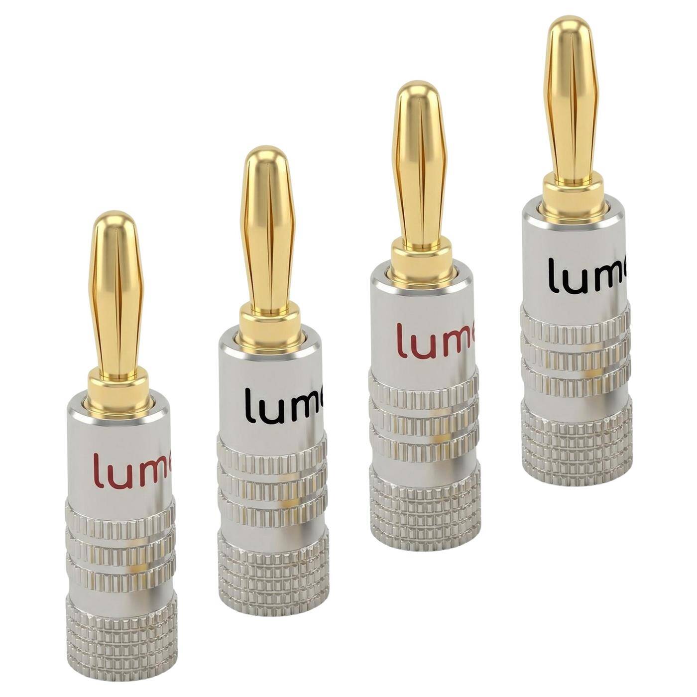 Set of 4 HiFi banana plugs silver, straight, screwable, gold-plated 4mm contacts, for 0.75mm²...4.0mm², Metal housing, for amplifier, loudspeaker, surround system