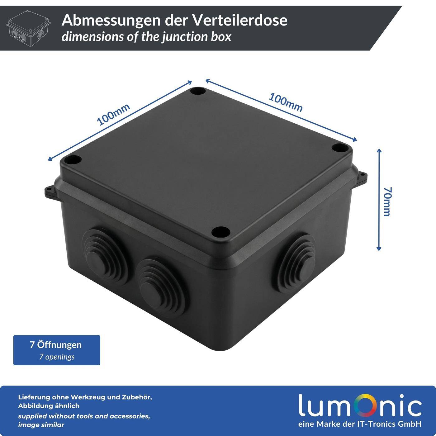 Lumonic Verteilerdose Aufputz IP65 schwarz | 100x100x70mm, 7 Kabeleinführungen | Deckel verschraubt | Hochwertiges PVC | Innenraum, Keller, Garage, Gartenbereich