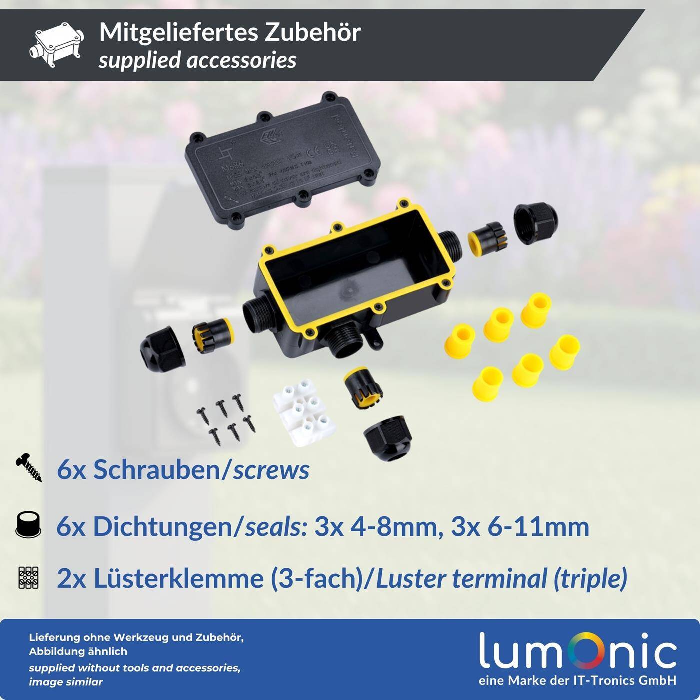 Lumonic 3-Wege L Abzweigdose wasserdicht IP68 | schnelle, sichere Kabelverteilung | für Kabel 0,5-2,5mm² | UV-Beständig, -40°C bis+ 105°C | Verteilerdose für Outdoor, Garten, Erdkabel