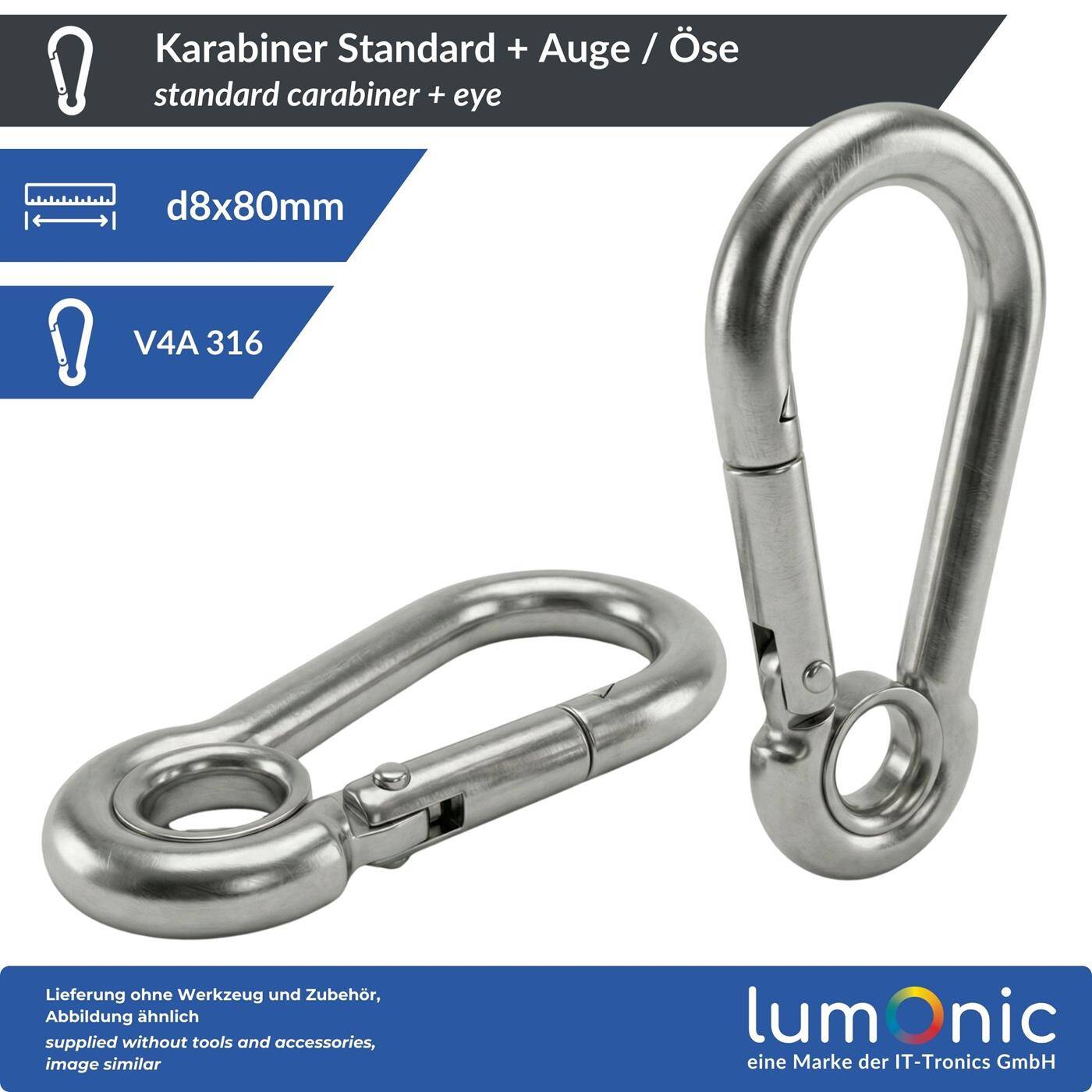 Lumonic Carabiner with eye V4A stainless steel | 8x80mm | Stainless + seawater resistant | Prevents annoying twisting | for awnings, hammocks, dogs, camping