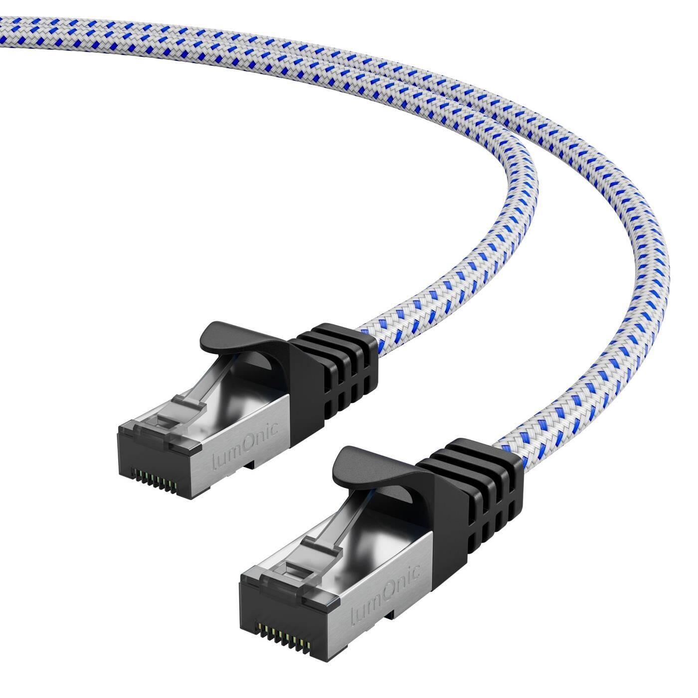 Lumonic CAT7 Patch Cable S/FTP 0,5m | RJ45 | White Blue Premium nylon look | Ethernet LAN | Network cable