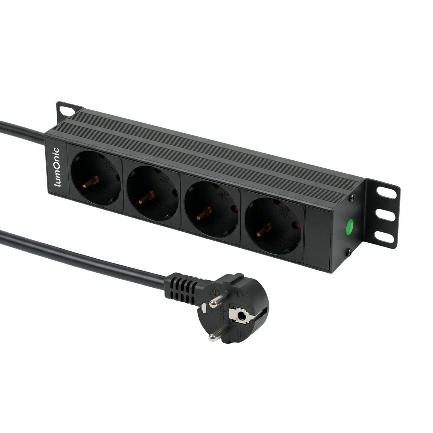 Lumonic 10" Steckdosenleiste | PDU 4-fach | ohne Schalter | 1HE, Aluminiumlegierung, schwarz | 2m Anschlusskabel 3G1,5 | 45° Schuko-Steckdose | kurzzeitig max. 3680W | Rack, Serverschrank