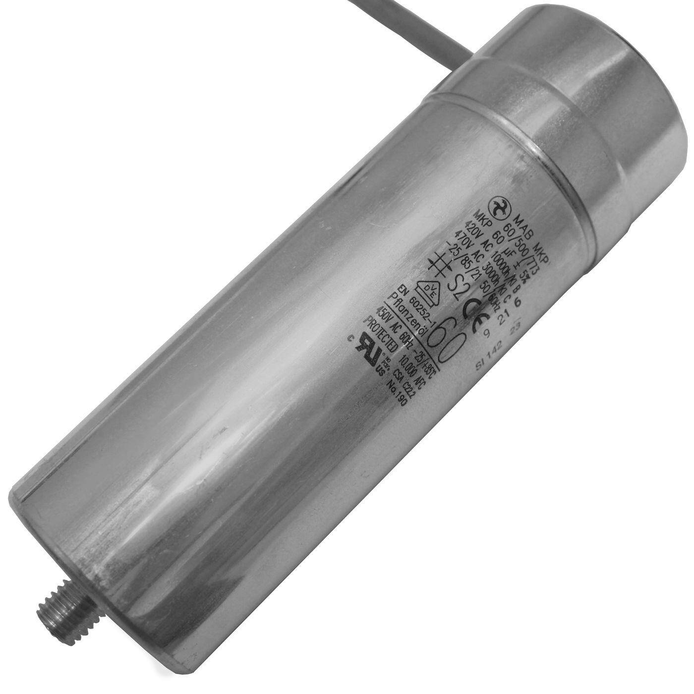 Lumonic Anlaufkondensator Hydra MKP-500 60-C inkl. Kabel 40cm | Motorkondensator 60µF 420V 55x165mm I Kondensator mit hochwertigem Metallgehäuse