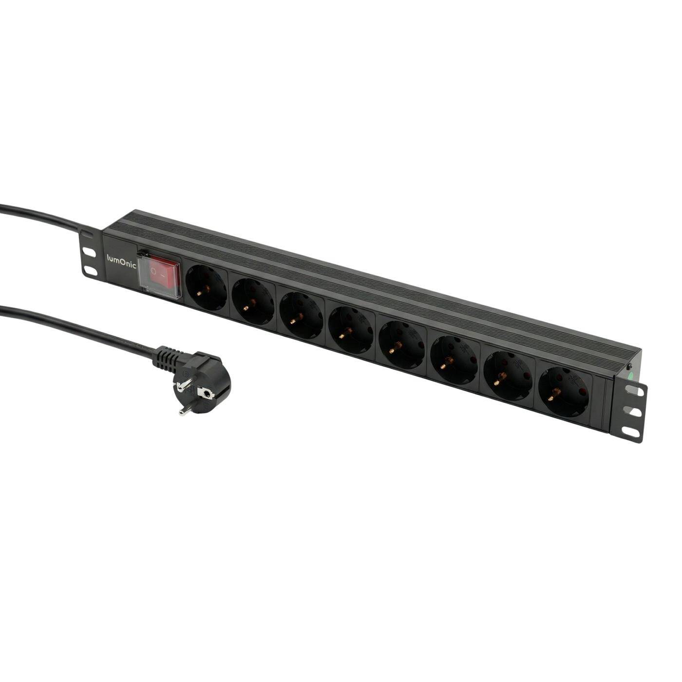Lumonic 19" Steckdosenleiste | PDU 8-fach | mit Schalter | 1HE, Aluminiumlegierung, schwarz | 2m Anschlusskabel 3G1,5 | 45° Schuko-Steckdose | kurzzeitig max. 3680W | Rack, Serverschrank