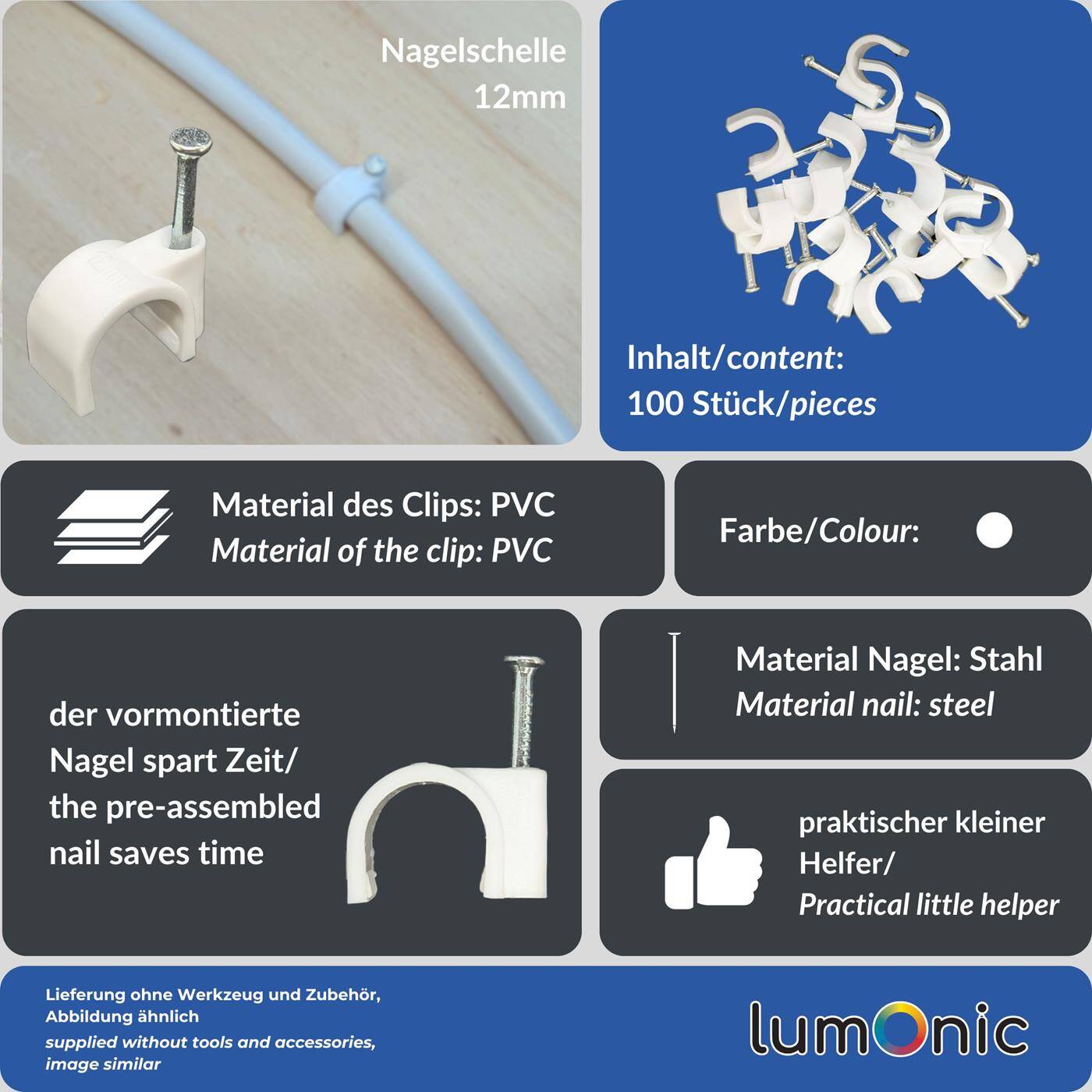 Lumonic 100x Nagelschelle 12mm für Kabel weiss - Kabelschelle mit 25mm Nagel z.B. zur Befestigung an der Wand - Kabelklemmen verschiedene Größen 4-14mm