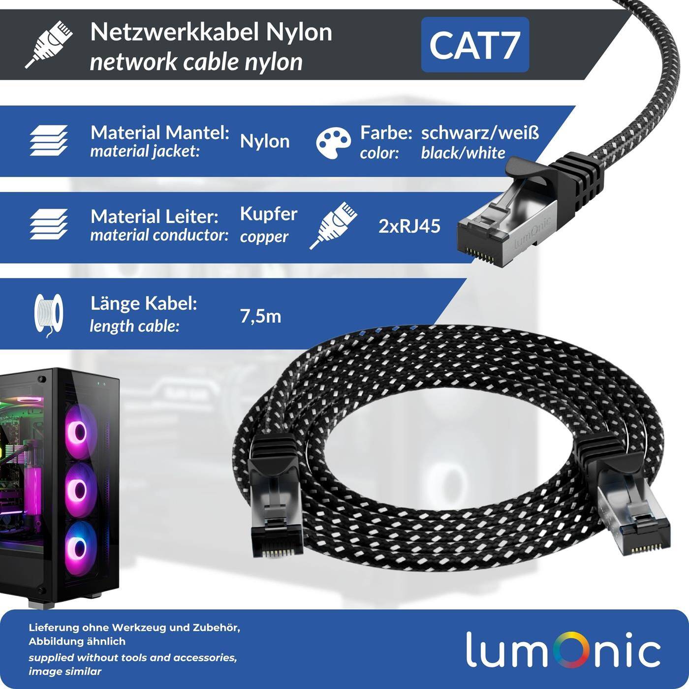 7,5m CAT7 Patchkabel S/FTP RJ45 Schwarz Weiß Premium Nylon Optik Ethernet LAN Netzwerkkabel