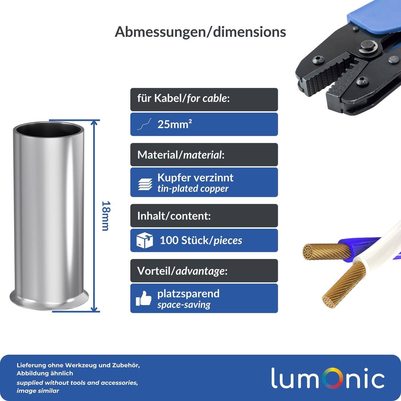 Lumonic 100 x 25mm² Aderendhülsen blank unisoliert I Die Länge beträgt 18mm I Verzinnt zum Schutz gegen Korrosion | Klemmhülsen, Kabelhülsen, Kabelendhülsen, Adernhülse