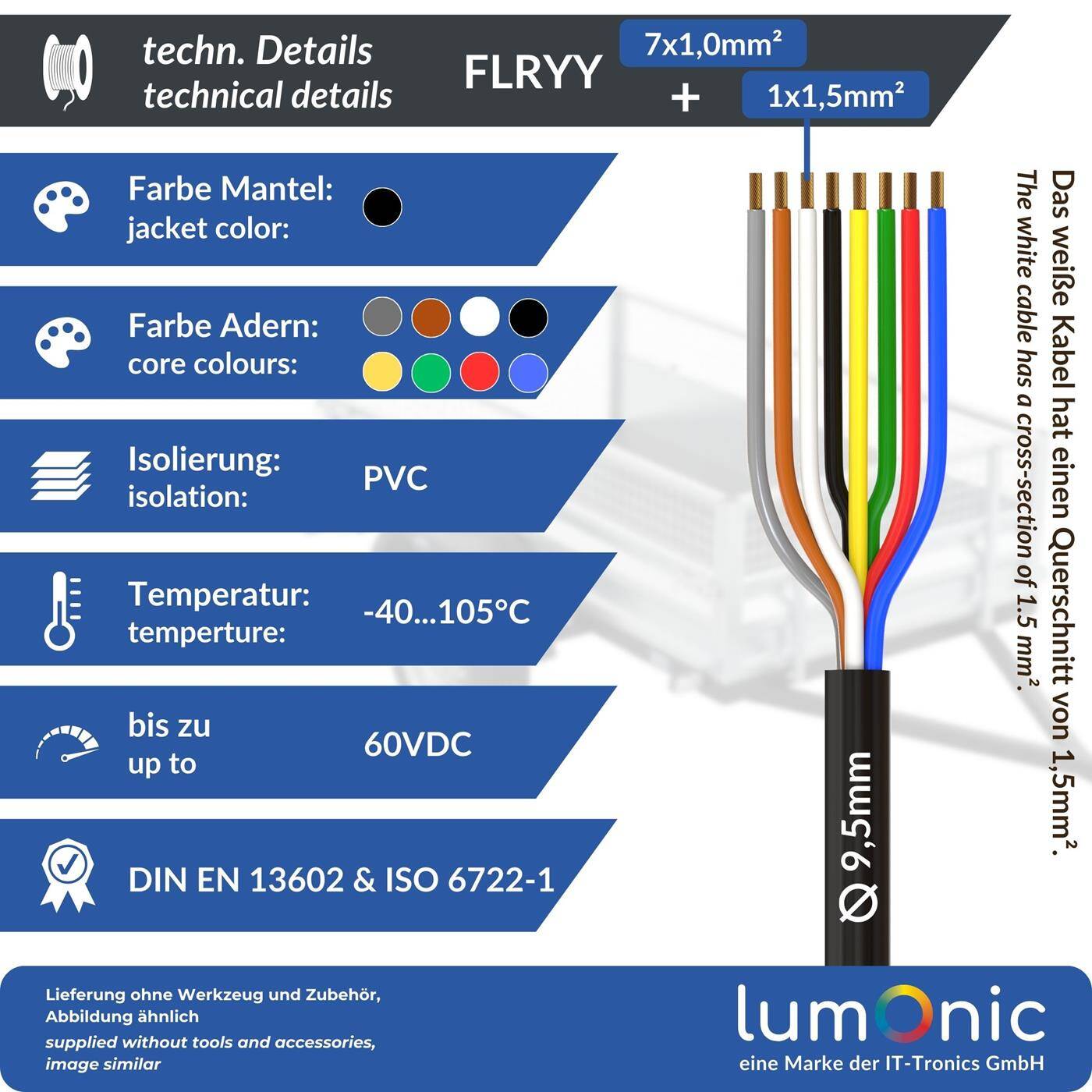 Lumonic 1m FLRYY Vehicle cable 7x1mm² + 1x1,5mm² black | 7-core | Trailer cable | Multi-core automotive cable | Oil and fuel-resistant, flame-retardant | Low voltage