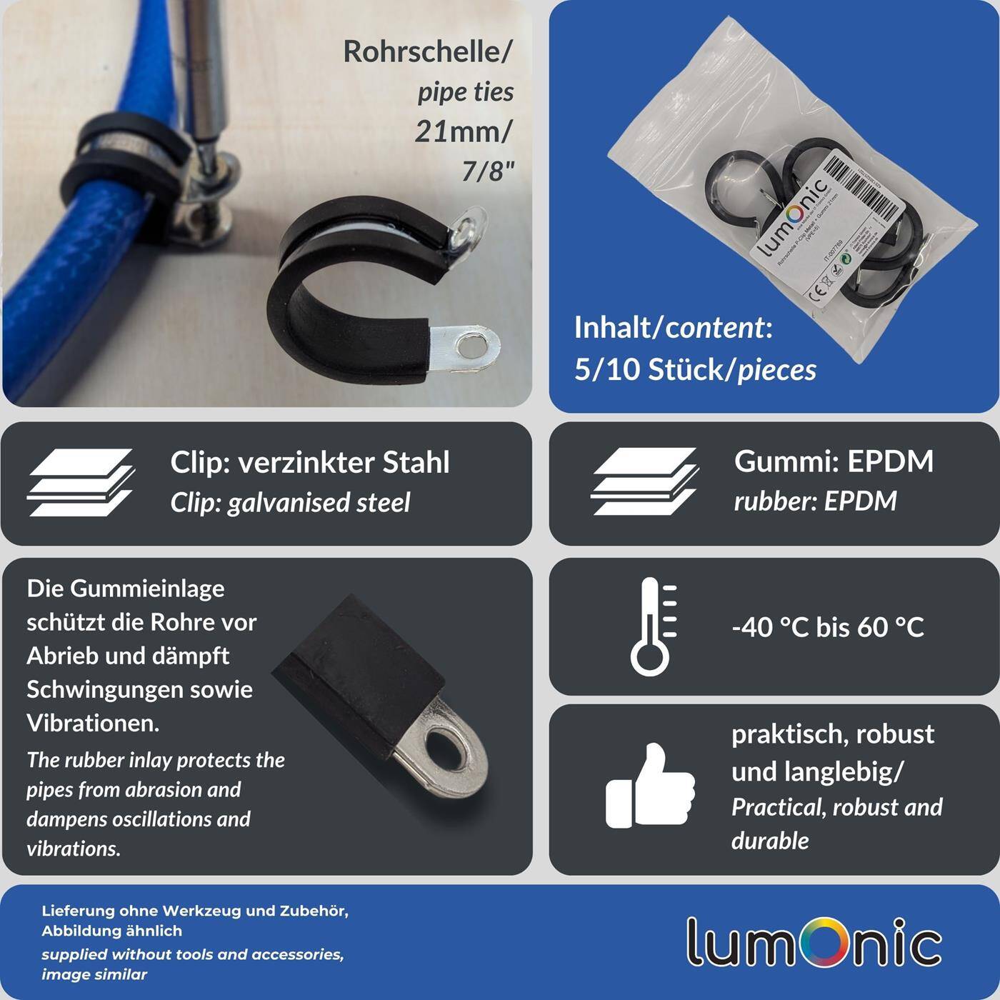 10x P-Clip Leitungsschelle mit Gummi 21mm Rohrschelle Befestigungsschelle