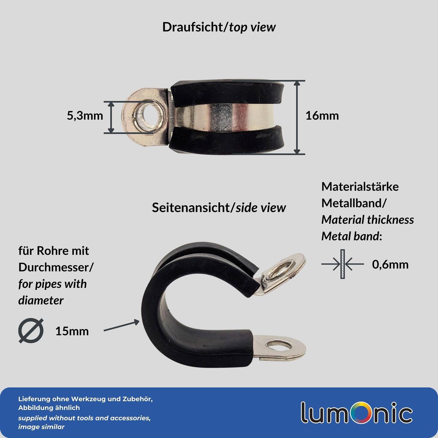 Lumonic 5x 15mm Rohrschellen mit Gummieinlage Edelstahl V2A I Kabelschellen zum Schrauben I Schlauchschelle 15mm, Rohrschellen, Befestigungsschelle 15mm, Rohrhalterung