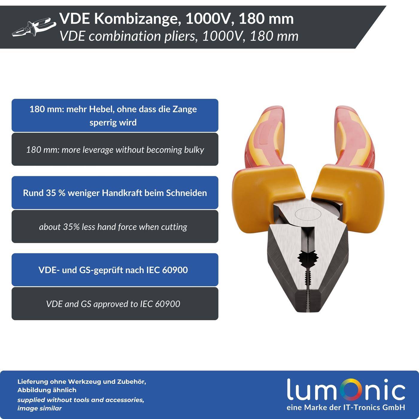 Lumonic VDE Combination Pliers 1000V Heavy-Duty Model, 180 mm - 60CrV steel with induction-hardened cutting edge, two-component handle, for electricians and residential wiring