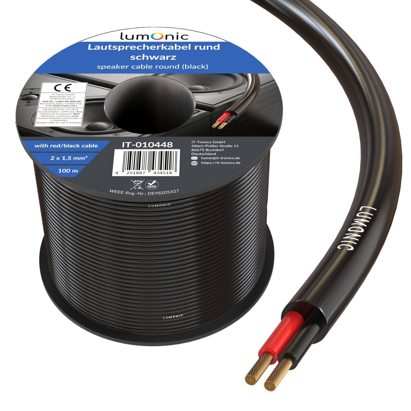Lumonic Lautsprecherkabel 100m Schwarz  | 2x 1,5mm² CCA | HiFi Boxenkabel | Audio Rundkabel | Profi PA Installations- Audio- Rundkabel
