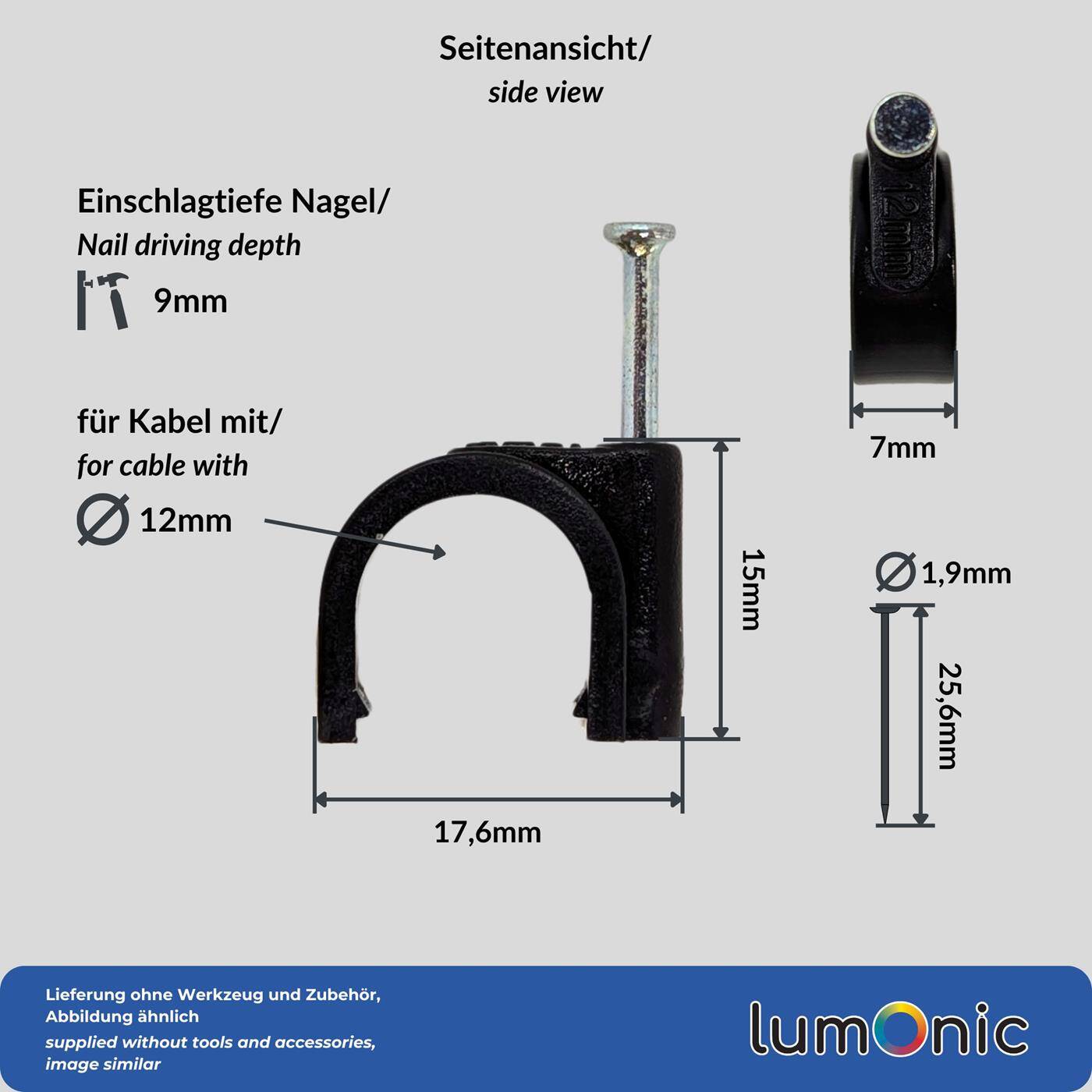Lumonic 100x Nagelschelle 12mm für Kabel schwarz - Kabelschelle mit 25mm Nagel z.B. zur Befestigung an der Wand - Kabelklemmen verschiedene Größen 4-14mm